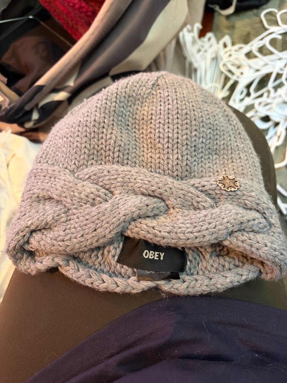 Obey Light Gray Cable Knit Beanie with Metal Emblem